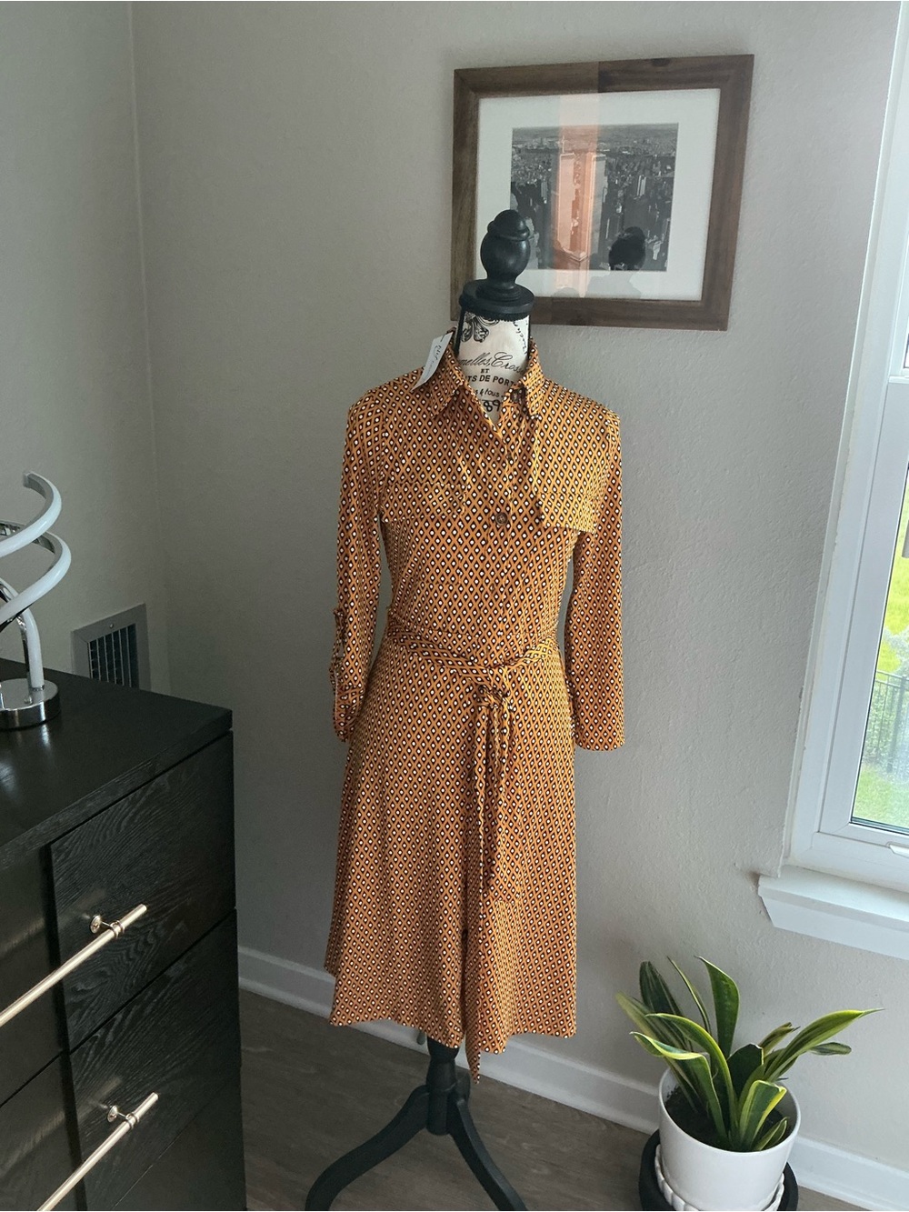 NY Collection Mustard Geometric Midi Shirt Dress